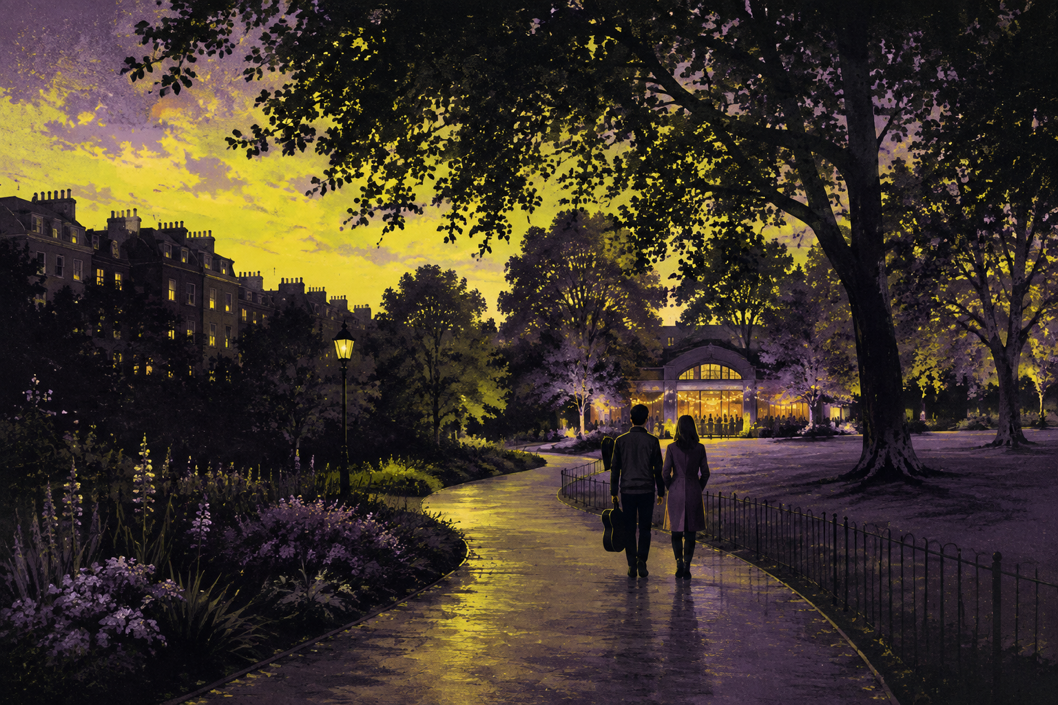 Two adults walking through a London-inspired park at dusk, one carrying a guitar case